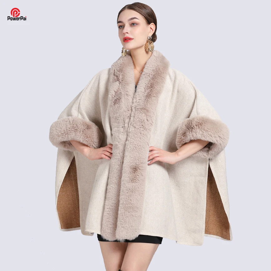 

Fashion Loose Woolen Blends Coat Thick Faux Rex Rabbit Fur Cape Cardigan Long Bat Sleeves Cloak Women Autumn Winter New Gifts