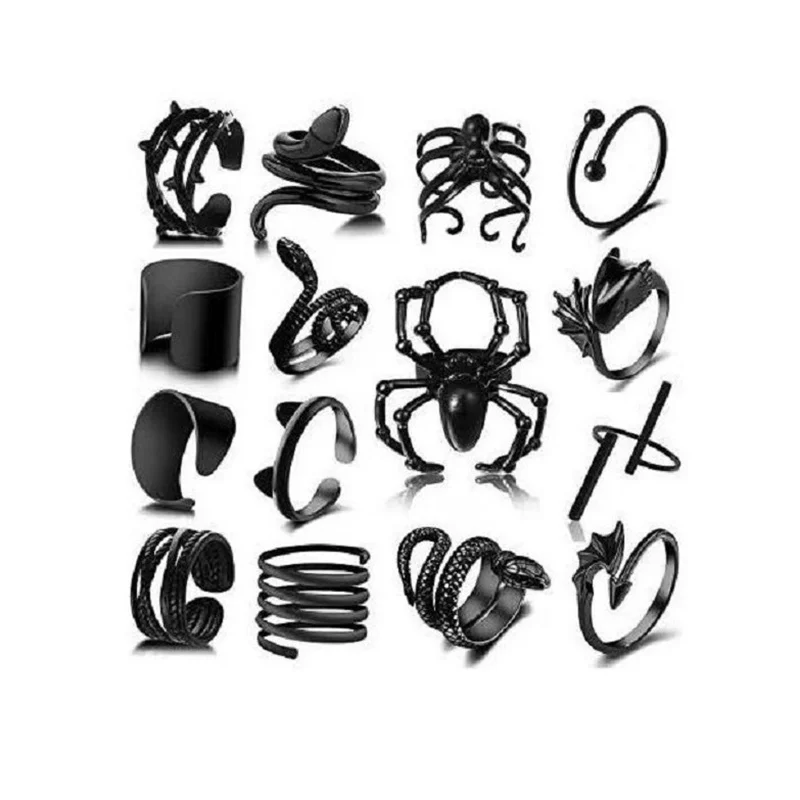 Black Rings Set Goth Punk Cool Gothic Adjustable Vintage Stackable Animal Bulk Knuckle Emo Boho Snake Spider Eboy Y2K Jewelry