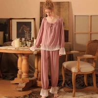 wasteheart autumn pink womens sleep nightwear pajama sets sleepwear suits luxury nightgown 2 pieces lace bow homewear classical