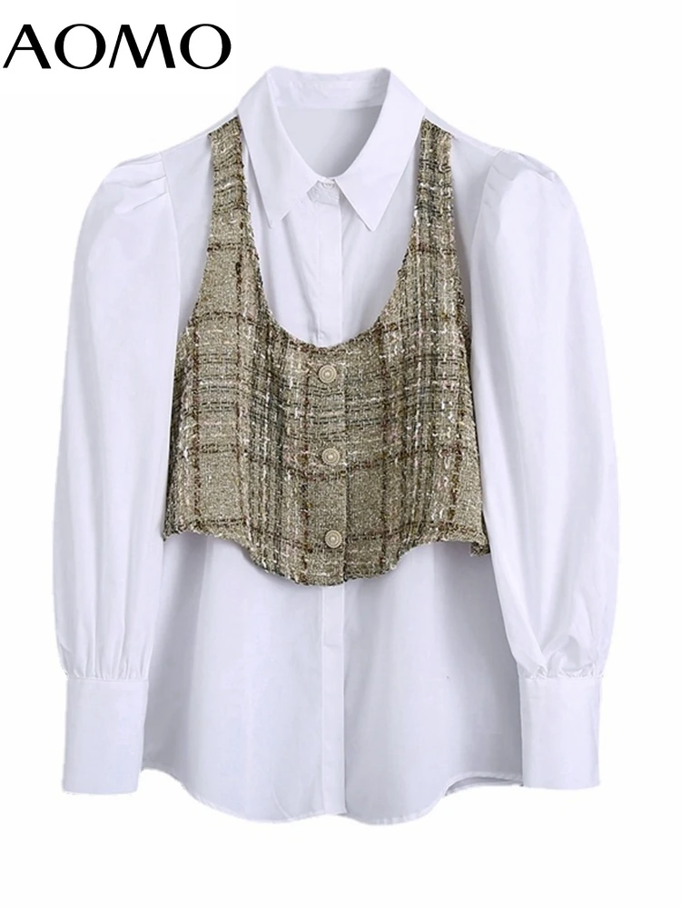 

AOMO Women Vintage Tweed Patchwork White Shirt Long Sleeve 2022 Chic Female High Street Loose Shirt BE274A