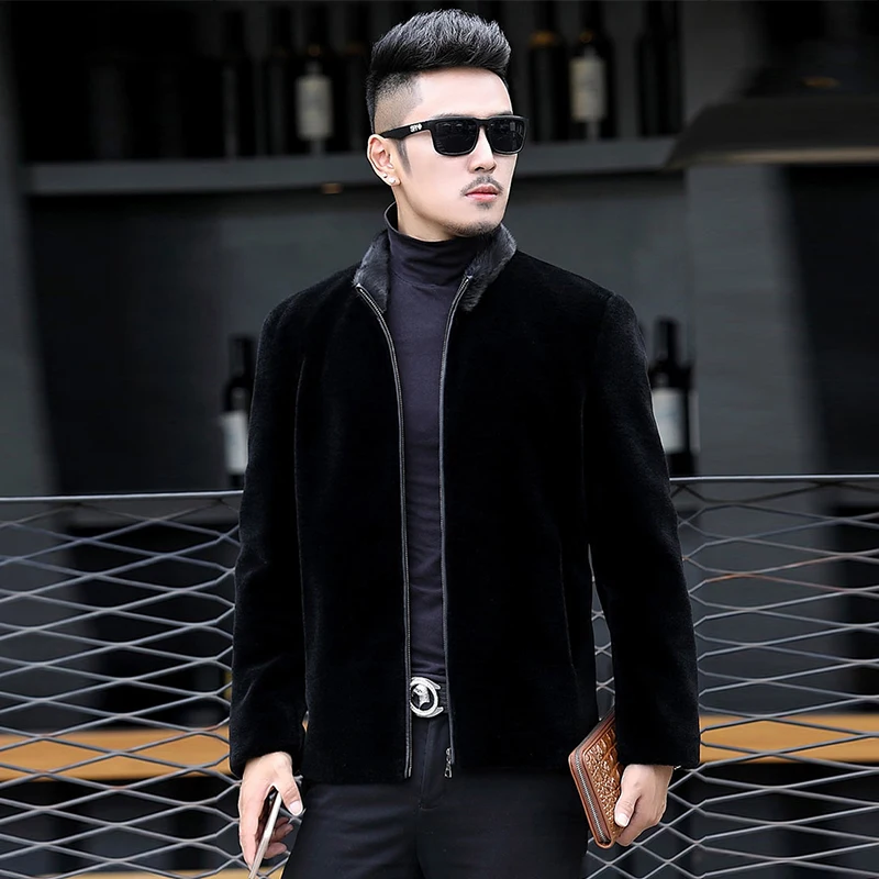 

2022 модная мужская элегантная шуба из овечьей шерсти, стильная короткая норковая шуба с воротником-стойкой, флисовая кожаная шуба высокого к...