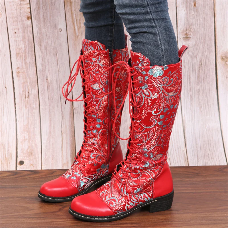 Bohemian Mid-calf Boots Women Sheep Leather Vintage Winter Boots Women Shoes Woman Zipper Chunky Block Heel Ladies Shoes