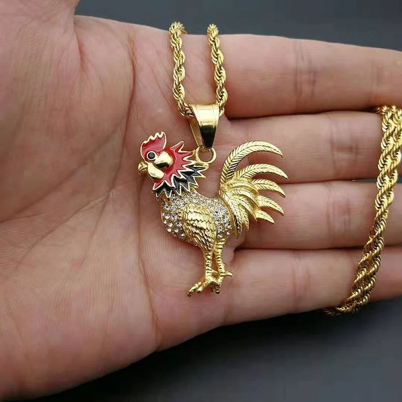 

Rooster Pendant Necklace Animal Punk Hip-Hop Titanium Steel Necklace Gold-Plated Rhinestones Necklace 12 Zodiac Accessories