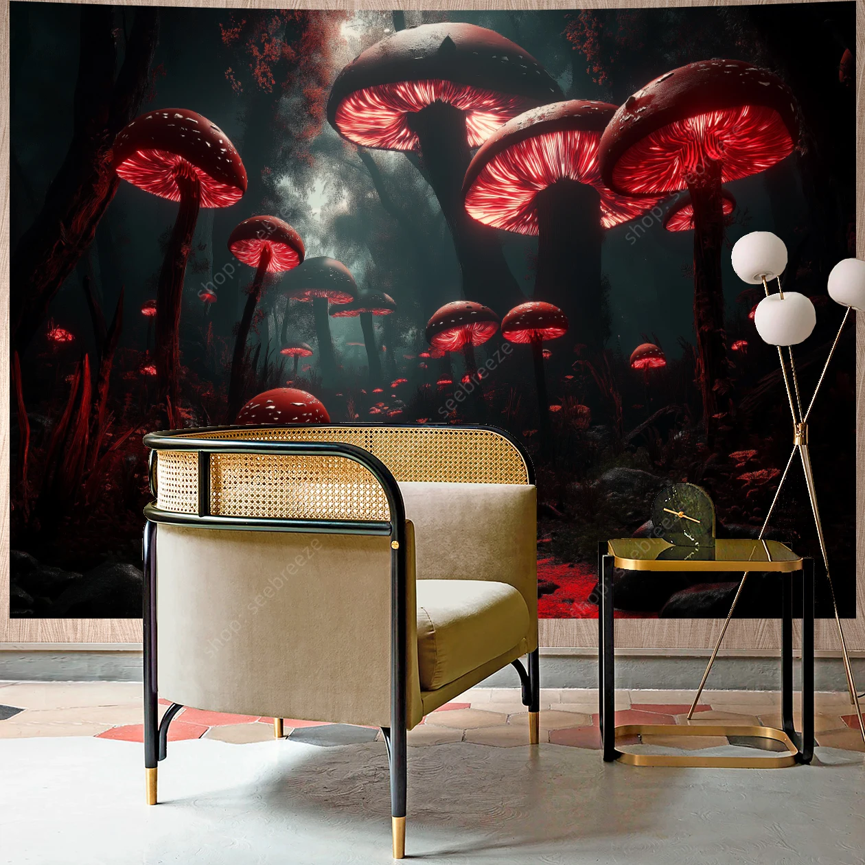 

Зачарованный темно-красный гобелен с грибами и лесом, светящиеся грибы, мистический винтажный настенный гобелен в стиле бохо, эстетический декор комнаты в трипо