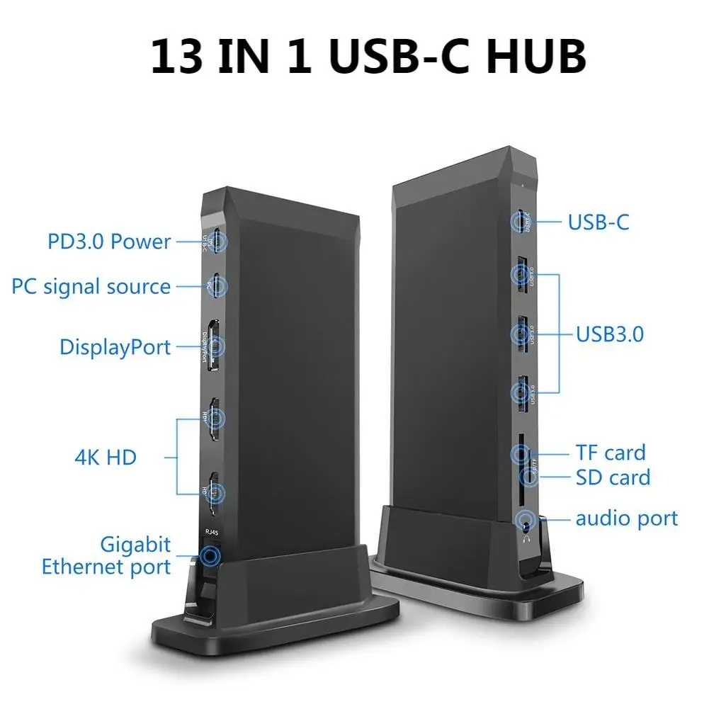 

13 in 1 Type C HUB USB 3.0 Vertical Dock Station USB-C Splitter TF Reader PD 100W RJ45 4K DisplayPort DP HDMI-compatible Adapter