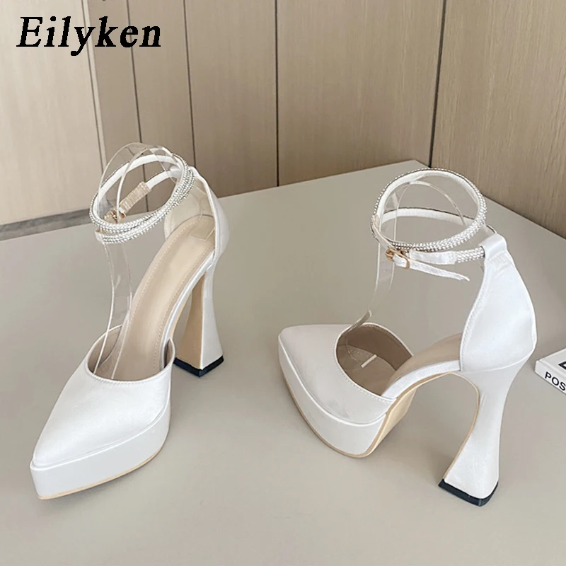 

Eilyken Extreme High Heels Satins Women Pumps Fashion Pointed Toe Platform Chunky Square heel Buckle Strap Party Prom Shoes