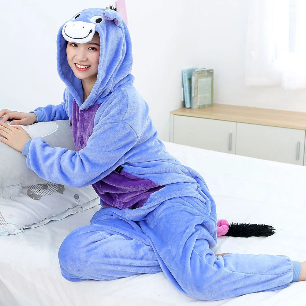 Adults Winter Animal Pajamas Sets With One Tail Two Horns Cartoon Horse Sleepwear Cosplay Costume Polyester Comfortable Cute
