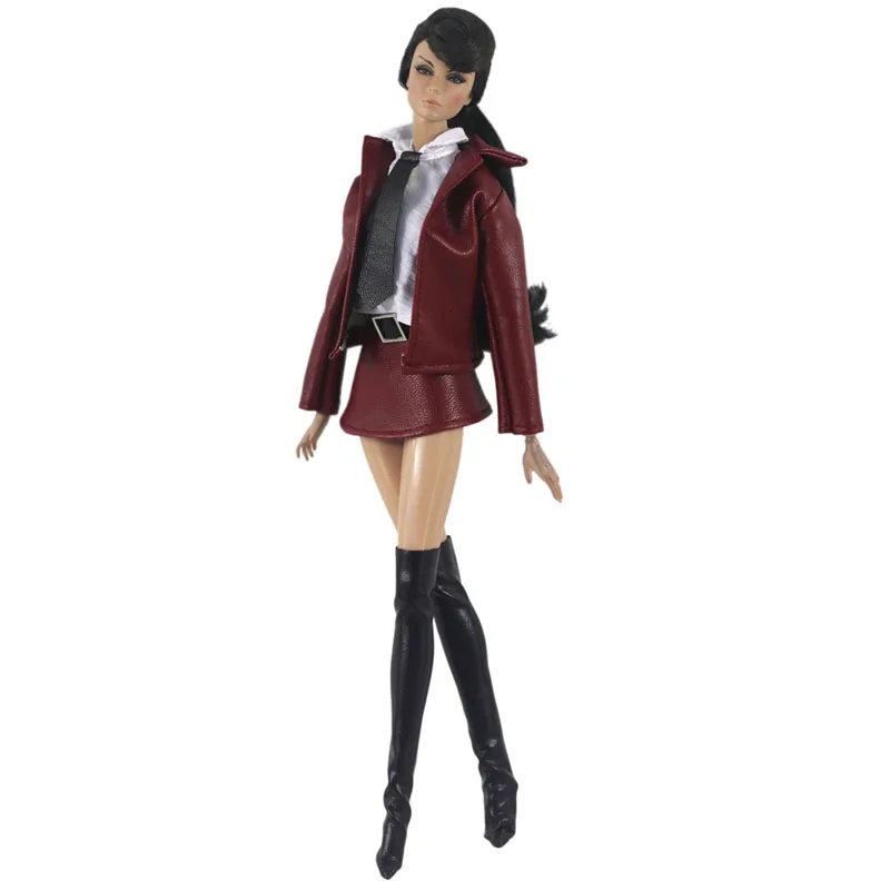 Винный Кожаный Модный комплект одежды для куклы Барби короткое пальто куртка