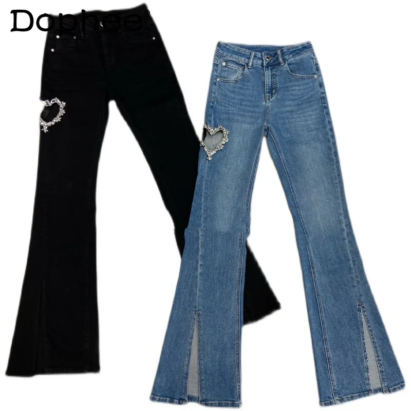 Sexy Hollow Rhinestone Love Stretch Denim Bell-Bottom Pants Women's 2022 Summer Fashion High Waist Blue Jeans Vintage Streetwear