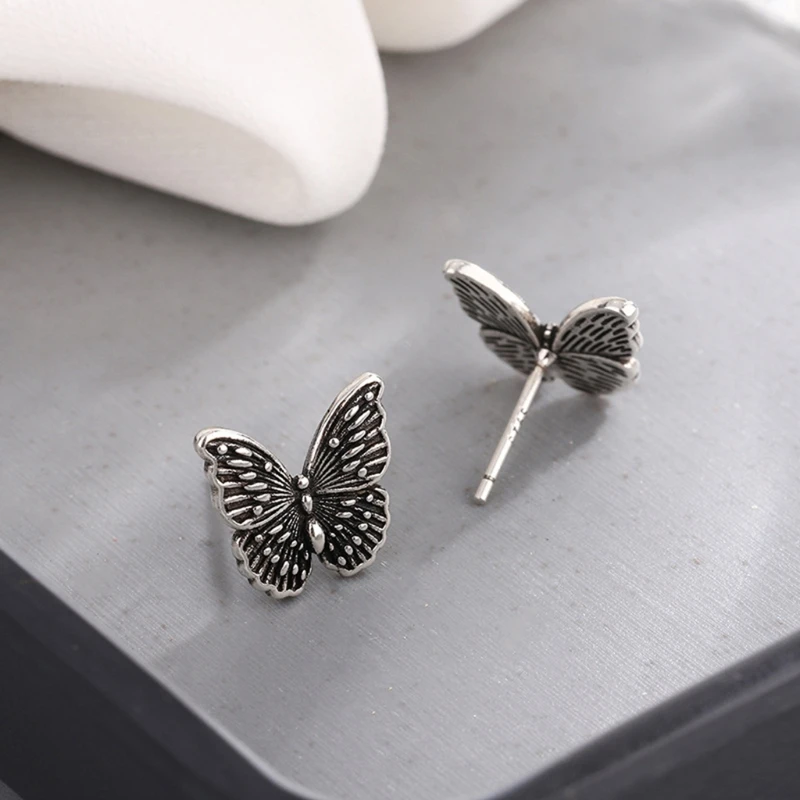 

Bronze Three-dimensional Retro for butterfly Punk Earrings Female Dark Silver Ne 264E