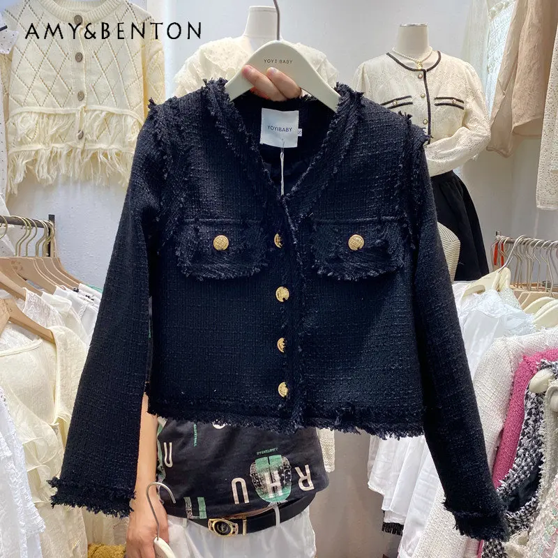 

Women's Autumn Tweed Coat Design Sense Fashionable V-neck Temperament Single Breasted Jackets for Ladies New Fashion Coats