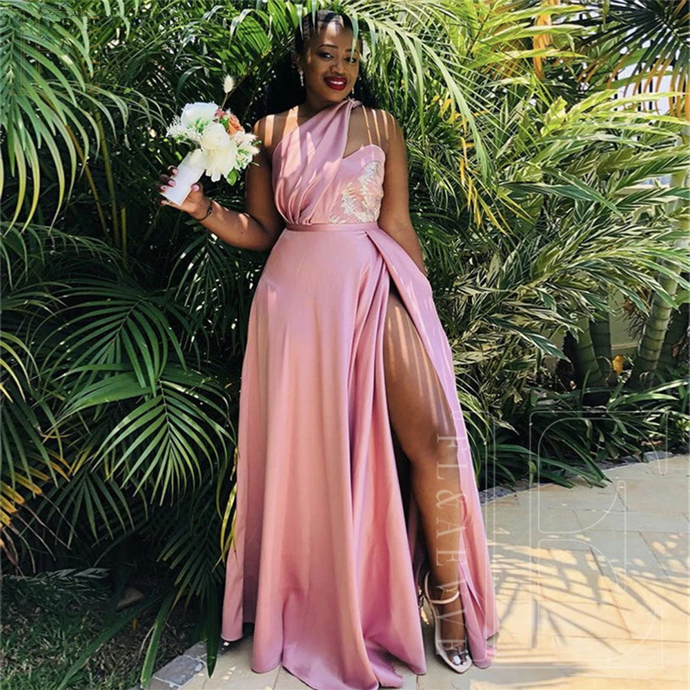 

Розовое Атласное Платье для подружки невесты, Элегантное Длинное платье на одно плечо с разрезом сбоку для гостей свадьбы, вечернее платье 2024