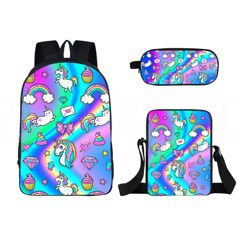 

Creative Rainbow Pink Unicorn 3D Print 3pcs/Set pupil School Bags Laptop Daypack Backpack Inclined shoulder bag Pencil Case
