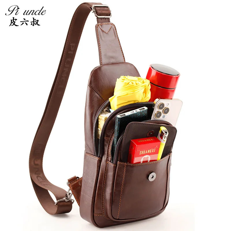 Men's Leather Chest Bag Casual One-shoulder Crossbody Bag Multifunctional Chest Diagonal Backpack Large Capacity Retro