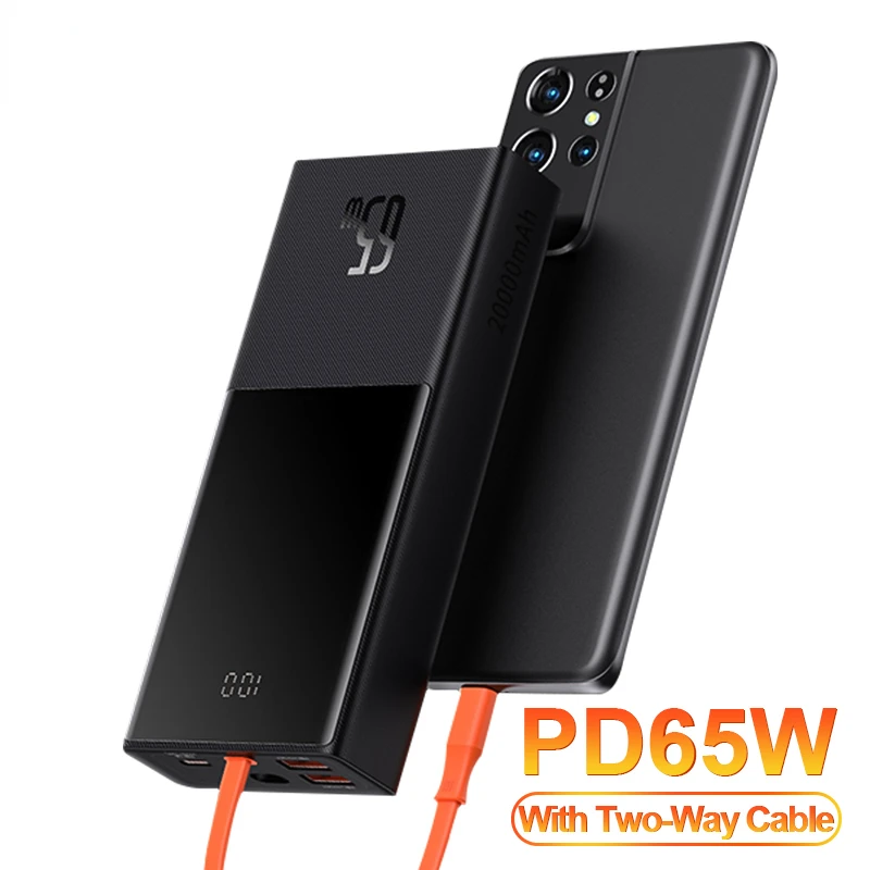 

2022NEW NEW 65W Power Bank 20000mAh USB C PD Quick Charge Fast Charger Powerbank Wtih Cable External Battery For iPhone Xiaomi