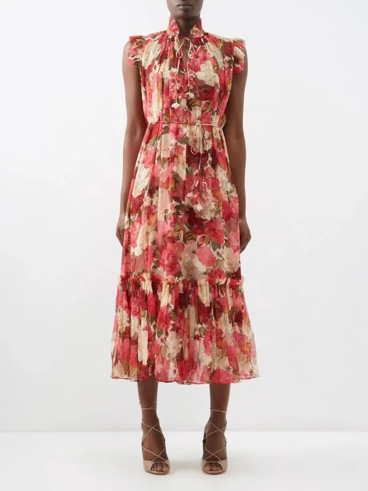 

Женское платье средней длины, красное шелковое платье с полуоткрытым воротником и цветочным принтом, 2023
