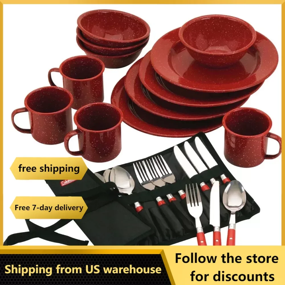 

Decoration and Table Accessories Free Shipping Dinner Set 24-Piece Enamel Dinnerware Set Tableware Red Utensils for Kitchen Bowl