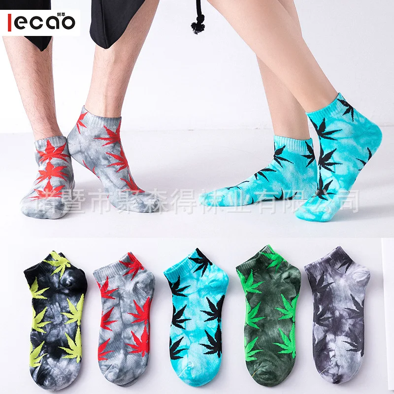 

Носки-лодочки Tie-dye с кленовыми листьями женские уличные спортивные носки в стиле хип-хоп для скейтборда трендовые хлопковые низкие мужские ...