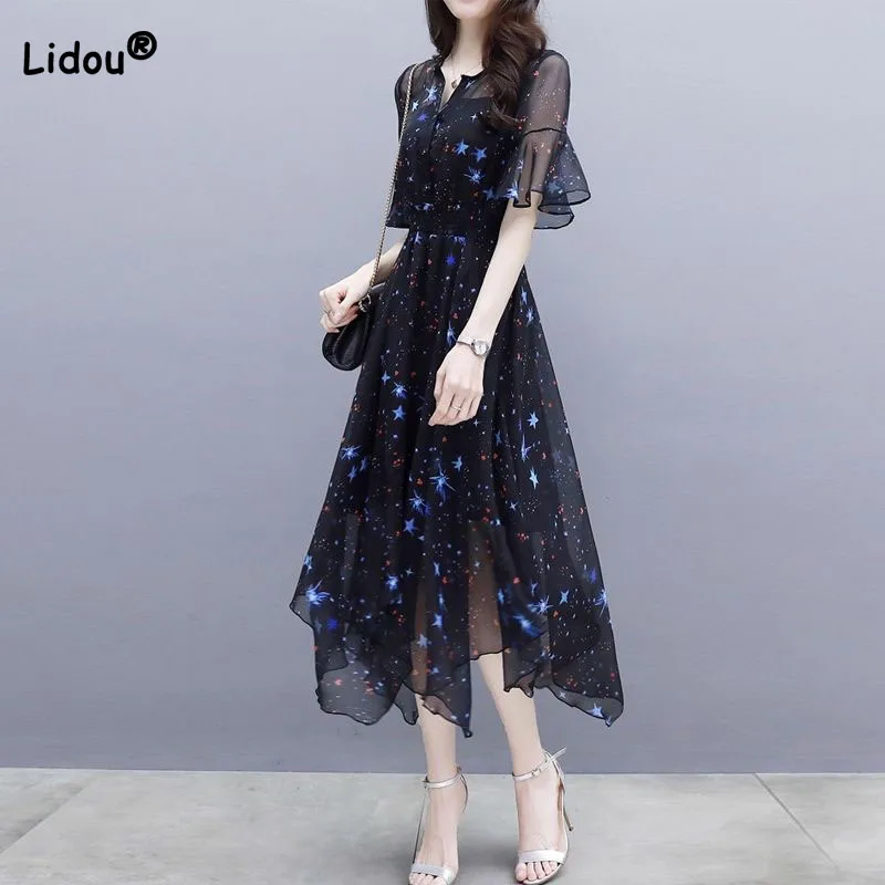 

Fashion Elegant Irregular Slim Chiffon Dress Women's Clothing 2023 Summer Korean Casual Flare Sleeve Waist Printing Dresses
