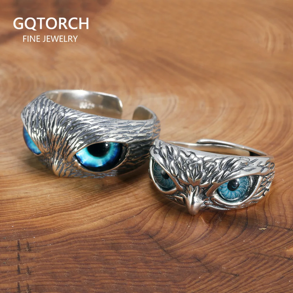 

Real 925 Sterling Silver Demon Eye Owl Ring For Women Girl Lovers Retro Animal Open Adjustable Ring Statement Ring Jewelry Gift