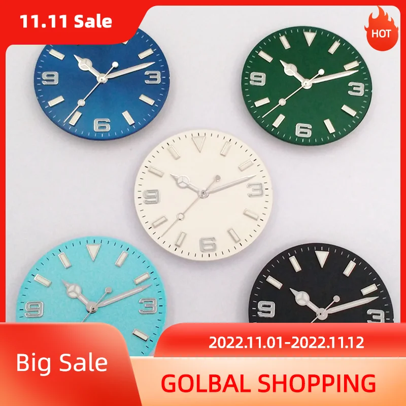 

28.5mm Sterile Black Watch Dial With Hands Cyan Luminous For NH35 NH36 ETA 2824 2836 Miyota 8215 8205 821a Automatic Movement