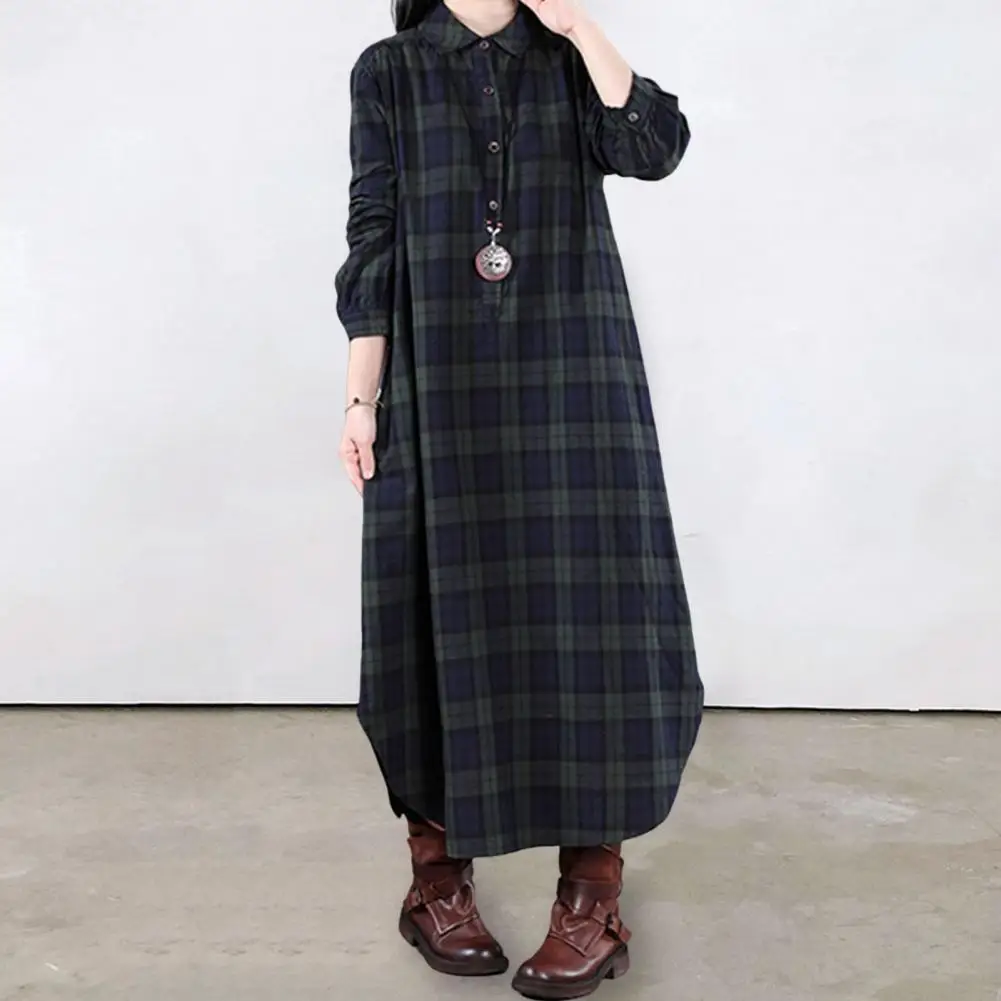 

Autumn Winter Korean Loose Fashion O-neck Pockets Plaid Long Sleeve Dress 2022 New Simple Comfortable Women Dresses
