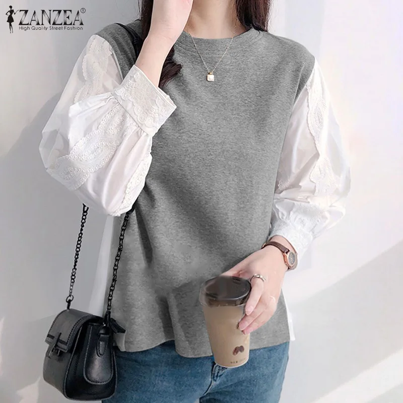 

Women Elegant Full Sleeve Shirt Oversized Patchwork Blouse ZANZEA Vintage Baggy Chemise Spring Office Work Tunic Top Femme Blusa