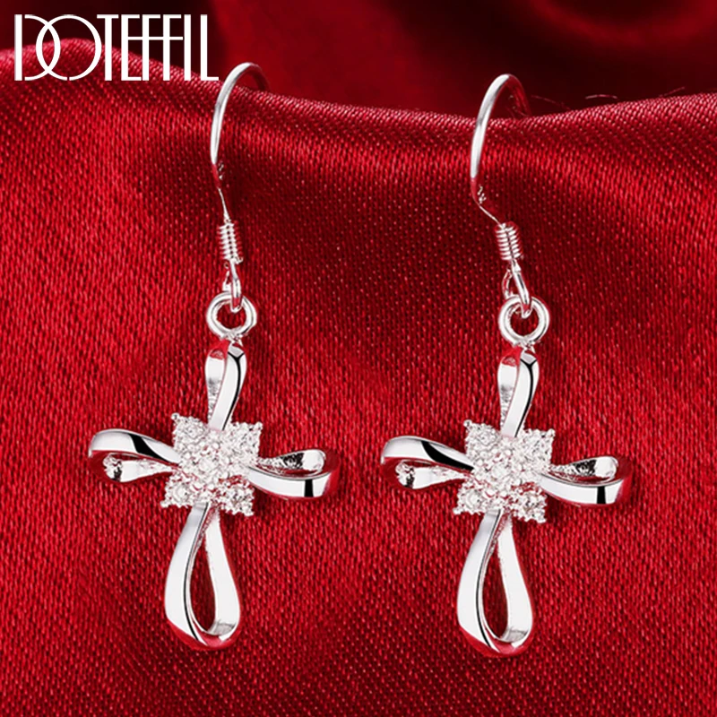 

DOTEFFIL 925 Sterling Silver Cross AAA Zircon Drop Earring Charm Woman Jewelry Fashion Wedding Engagement Party Gift