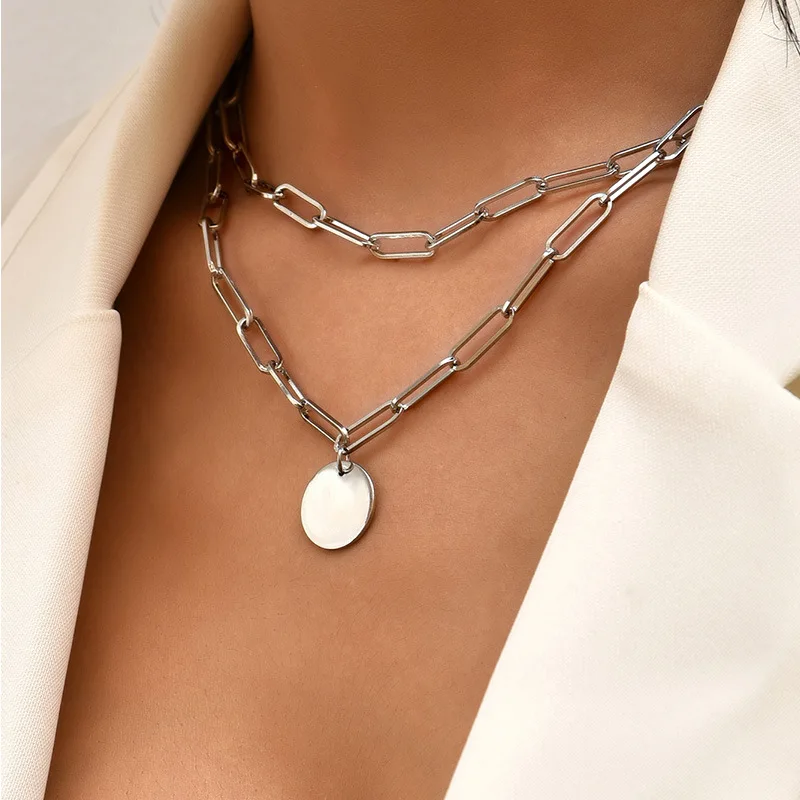 

INS Fashion Silver Gold Simple Color Multilayer Wafer Women's Pendant Necklace Combination New Jewelry Korean Fashion Lady Gif