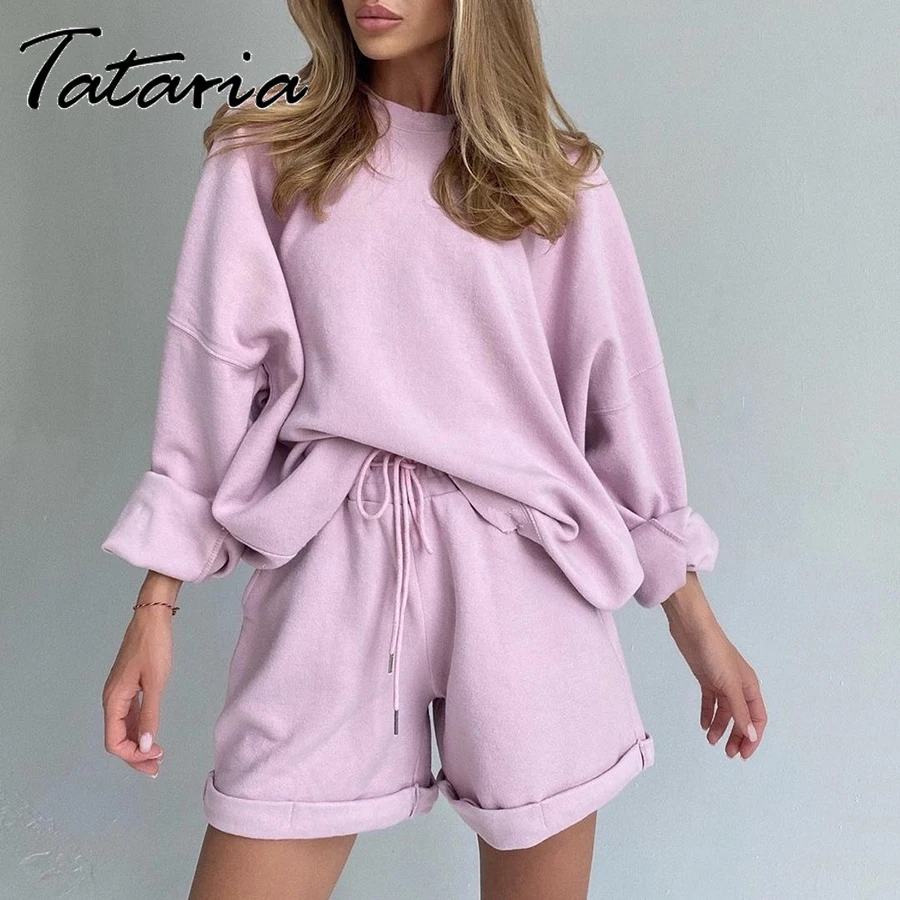 

Летние милые комплекты из двух предметов для женщин, спортивный костюм, повседневные свободные хлопковые комплекты, топ и шорты с высокими штанами, однотонные спортивные костюмы