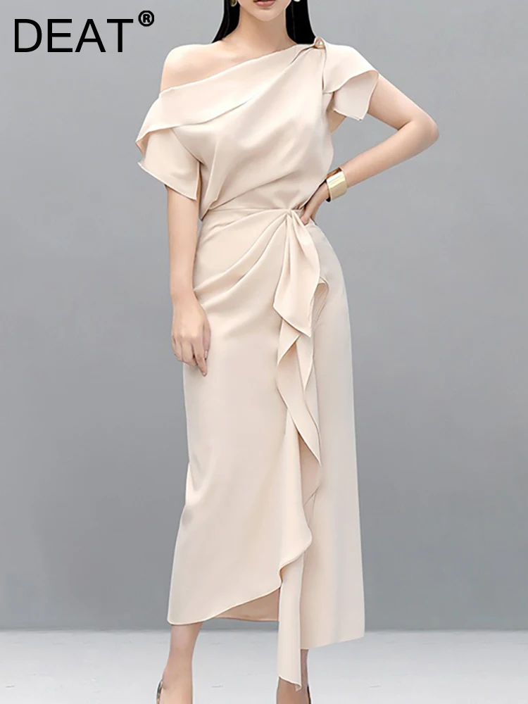 

[DEAT] Women's 2 Pcs Set Evening Dress Diagonal Collar Sleeveless Ruffles Solid Color Fashion Dresses Spring 2023 New 13DB1346