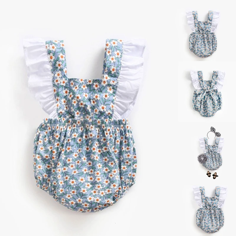 

Комбинезон детский с цветочным принтом, белый Хлопковый боди с оборками, без рукавов, с открытой спиной, для новорожденных