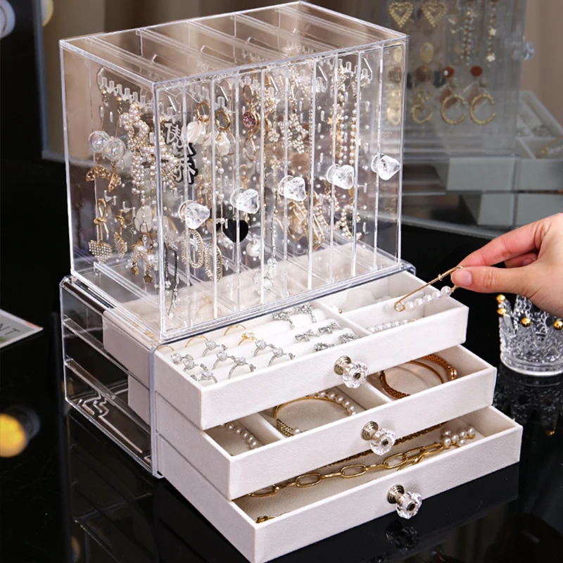 Multifunctional Transparent Jewelry Box Dustproof Display Stand Three-dimensional Large Capacity Necklace Earring Storage Box