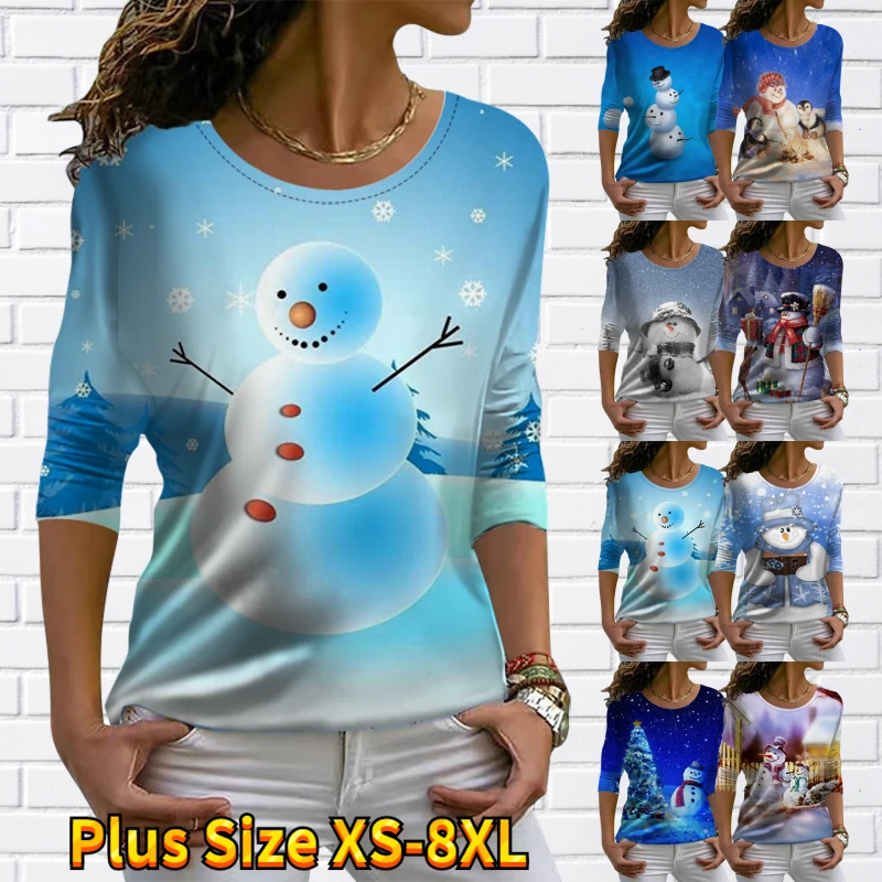 

Women's Tops Sweatshirt Christmas Cartoon Snowman Sparkly T Shirt Long Sleeve Round Neck Casual Sports Streetwear Print XS-8XL
