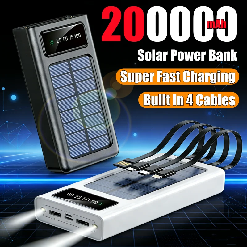 Фото Солнечный Power Bank 200000 мАч, высокая емкость, быстрая зарядка, портативное зарядное устройство с 4 кабелями для iPhone, Samsung, Huawei №1