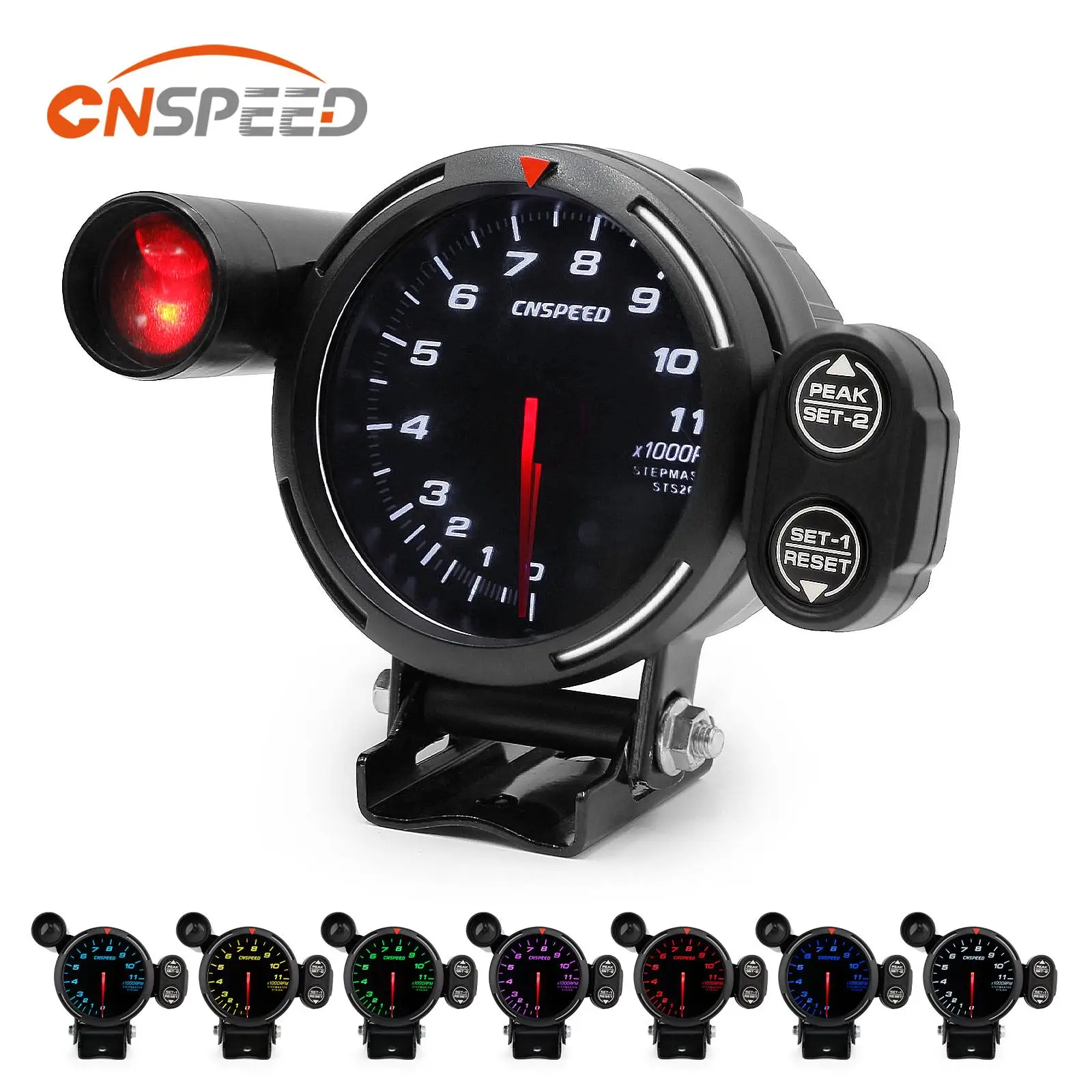 

CNSPEED 80 мм, 7 цветов, новый автомобильный тахометр, измеритель 0-11000 об/мин, высокоскоростной шаговый двигатель со световым переключением передач и пиковым предупреждением