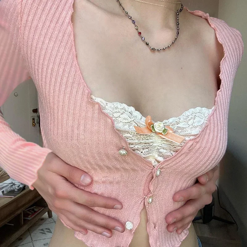 Y2k одежда футболки короткий топ женский свитер кардиганы кружевные сексуальные