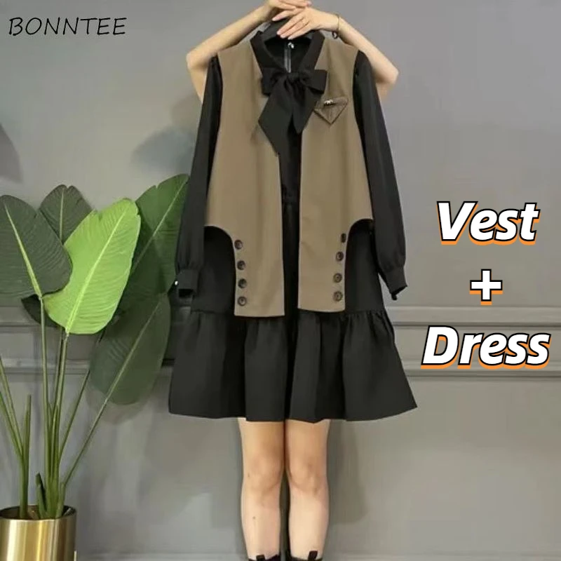 Dress Sets Women Autumn Casual Korean Style Elegant Vest Sweet Bow Long Sleeve Baggy A-line Preppy Girls Vestidos 2 Piece Outfit