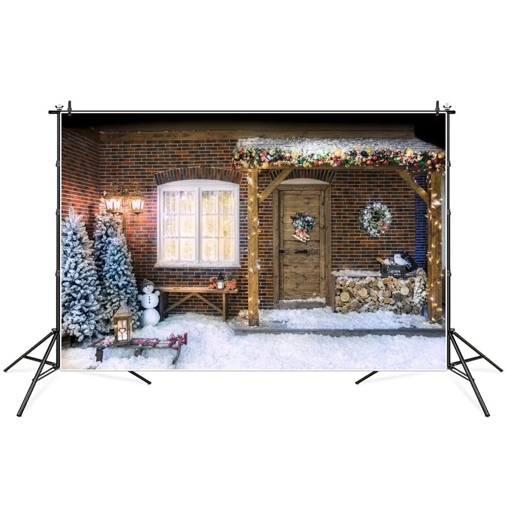 Фон для фотосъемки с изображением рождественской елки снеговика саней двора