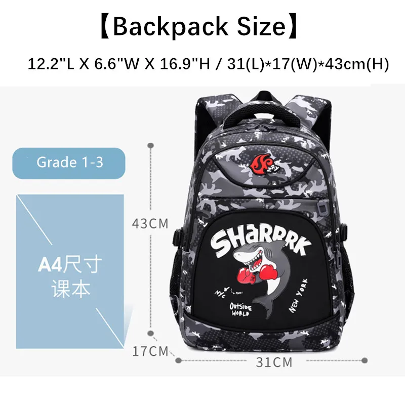 Little Kids Backpacks for Boys Girls Cartoon Shark Camo Print Elementary School Bookbags Kindergarten Backpack Travel Daypacks