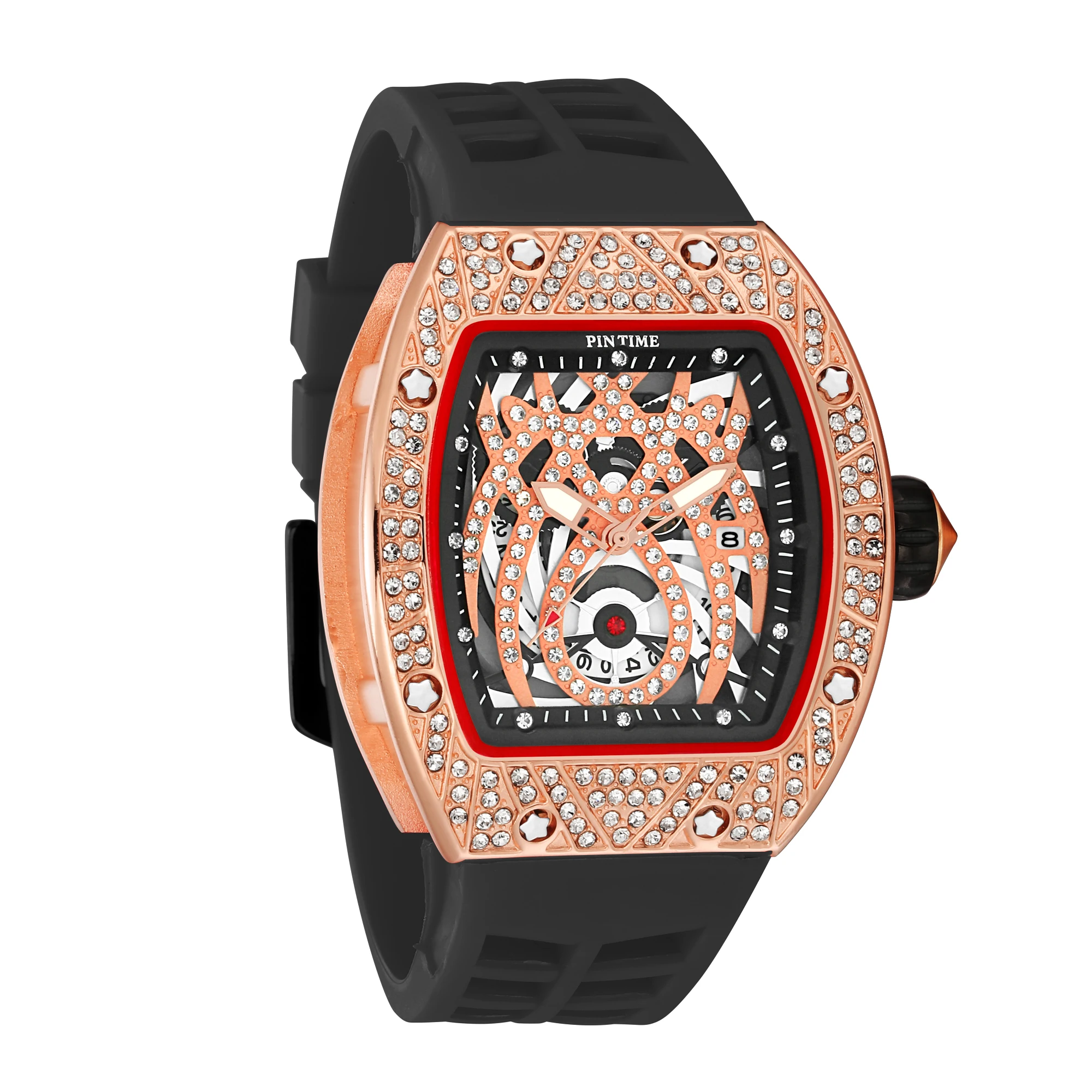 Diamond Watch Men Luxury Brand Tonneau Design Waterproof Watches Stainless Steel Wristwatch Sport Chronograph Mens Watch+Box
