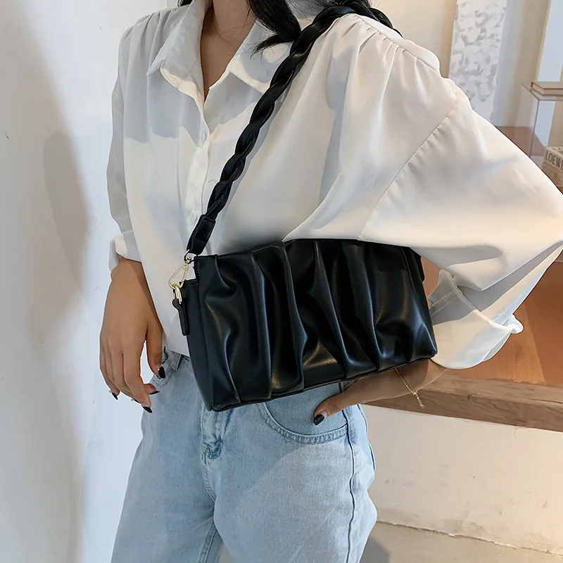 

New Women Shoulder Bag PU Leather Pleated Underarm Bags Female Casual Commuter Shopper Handbag Ladies Small Square Bags
