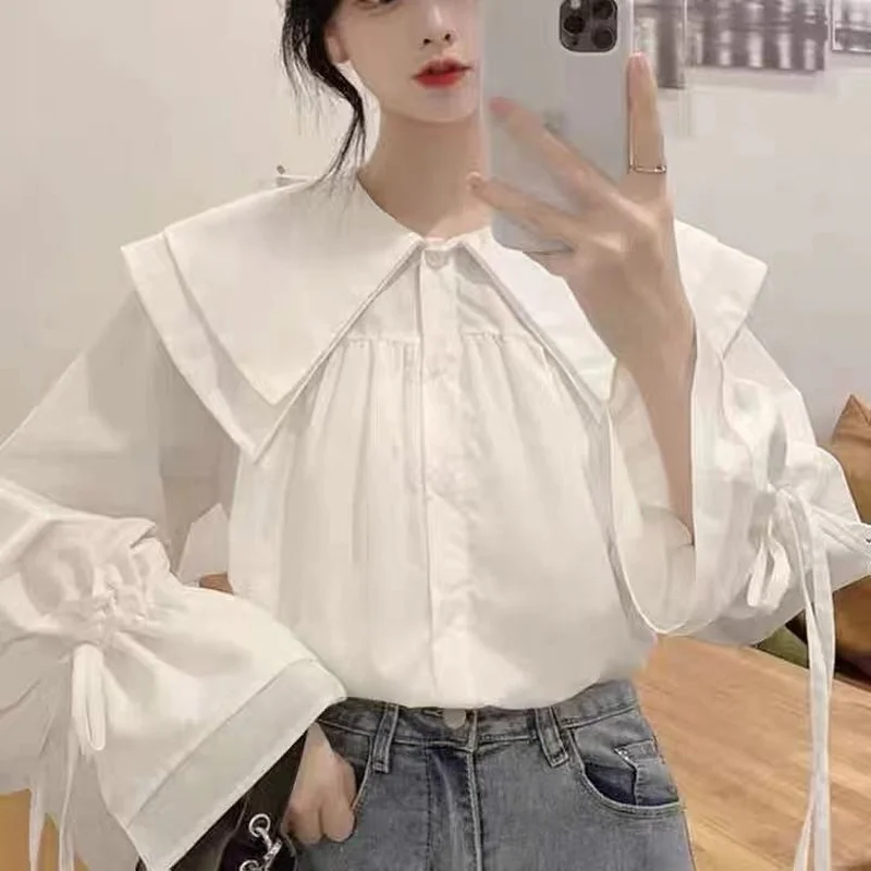 

QWEEK Women's Blouses Kawaii Harajuku Lolita Sweet Soft Girls Loose Shirts Korean Style White Black Long Sleeve Tops Ruffle Cute