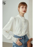 fsle womens tops white pleated texture shirt fall new lace stand up collar shirt women button up long sleeve solid blouses