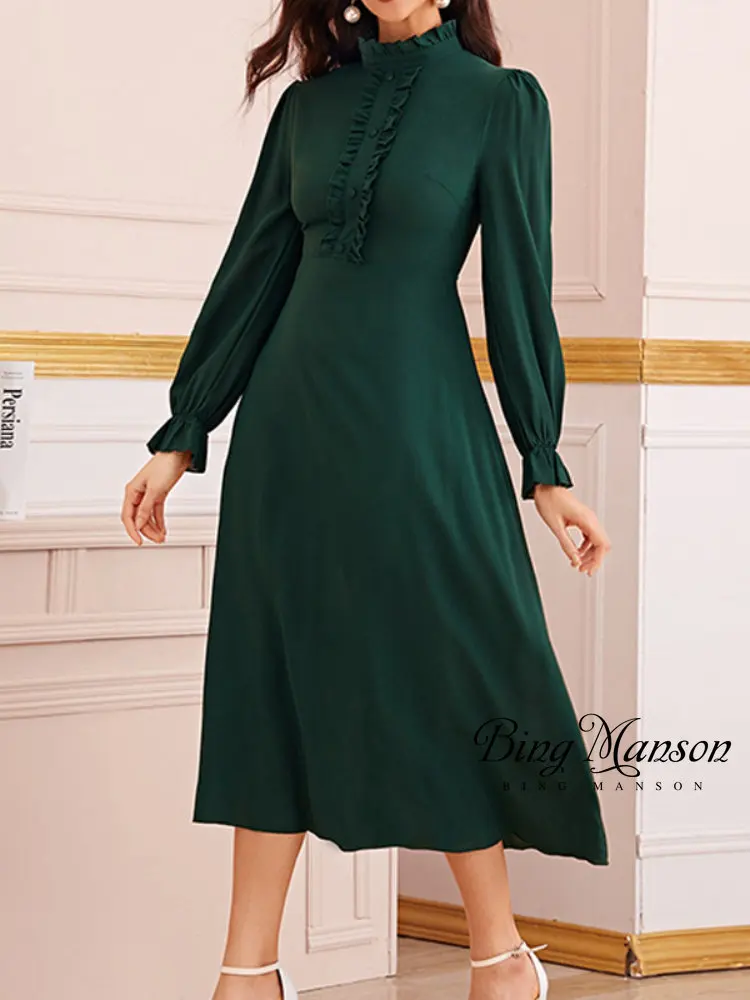 Купи 2022 Women's Retro Solid Color A-line Skirt Elegant Green Long-sleeved Pleated Autumn Bottoming Long Skirt Simple Casual Dress за 1,144 рублей в магазине AliExpress