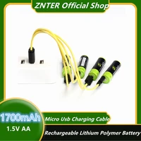 znter aa 1 5v 1700mah battery 24 pcs usb quick charging rechargeable lithium polymer battery charged by micro usb cable