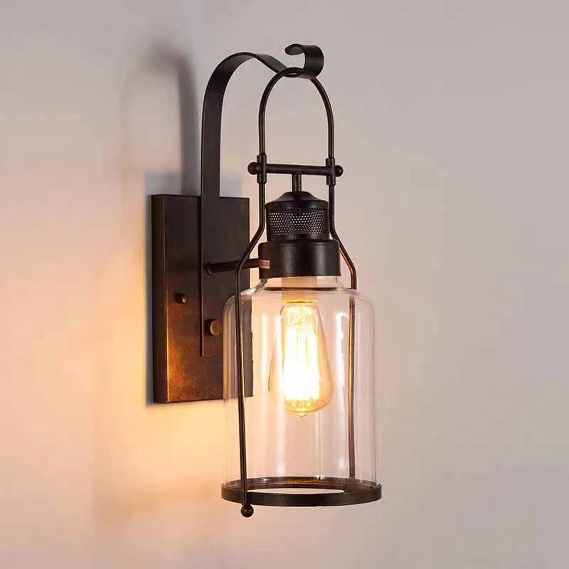 

American Retro Iron Wall Lamp Aisle Living Room Background Wall Lamps Simple Creative Glass Balcony Wall Lights 85-265V