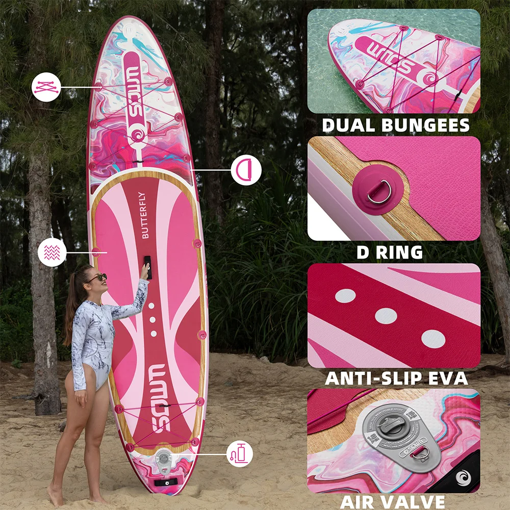 Фото Надувная доска для паддлбординга SOWM Pink Waterproof SUB 11''x33''x6'' для взрослых, для стоячего использования, для рыбалки на воде, с аксессуарами, SUP №1