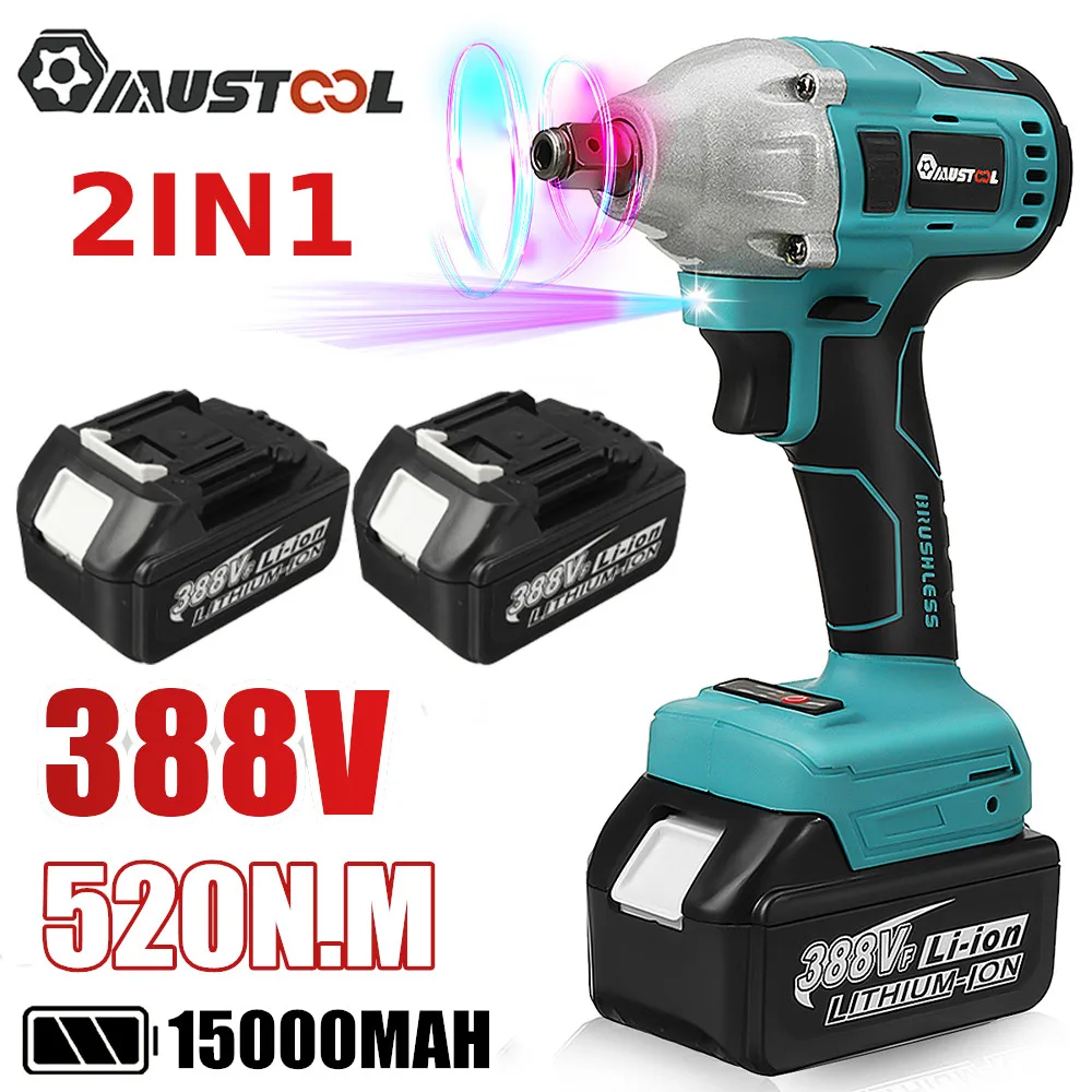 388vf 520N.m Lithium-ion Battery Powered 1/2 Inch Brushless Cordless Electric Impact Wrench Power Tools for Makita 18V Battery