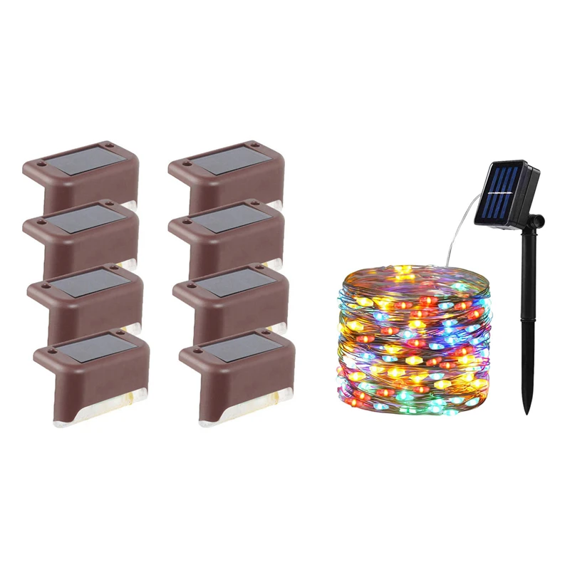 

8Pcs LED Solar Path Stair Lights Outdoor Garden Solar Light With 10M Waterproof Flexible Fairy Christmas Lights, Color